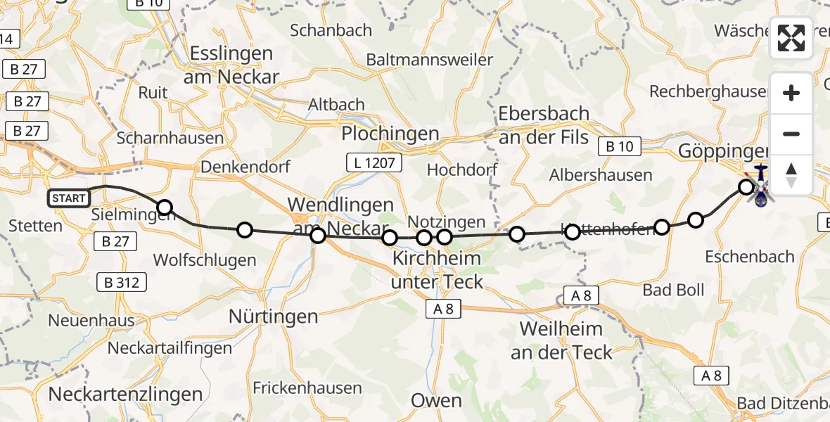 Flugroute Polizeihubschrauber Flughafen Stuttgart - Göppingen, 15 Juli 2026, 05:02