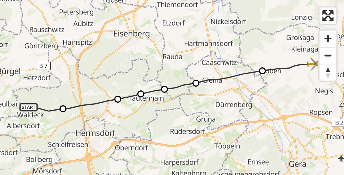 Flugroute Rettungshubschrauber Waldeck - Gera, 15 Juli 2026, 05:16