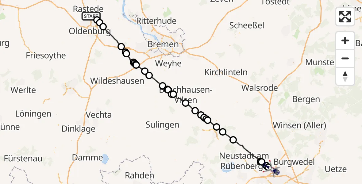 Flugroute Polizeihubschrauber Rastede - Flughafen Hannover, 15 Juli 2026, 05:23