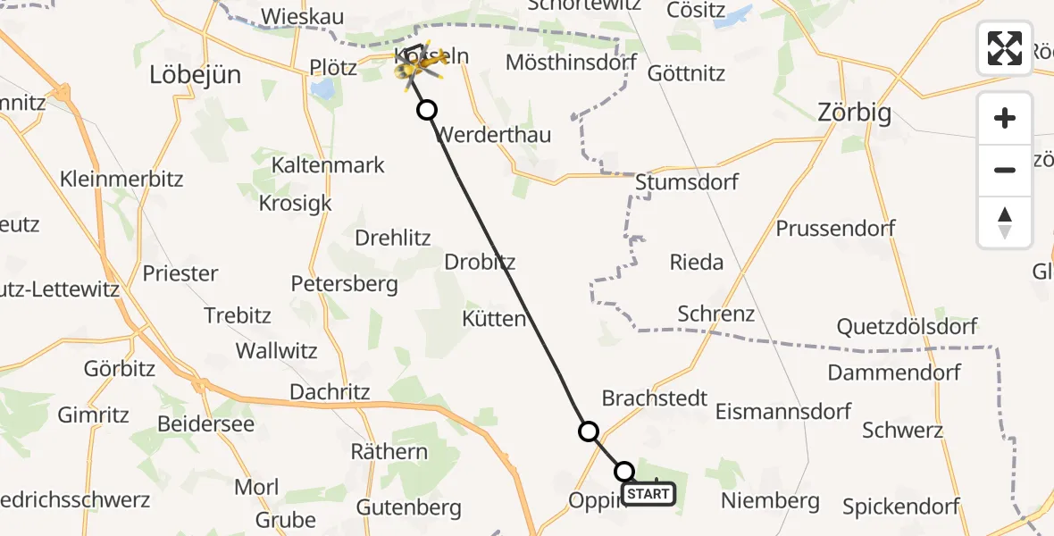 Flugroute Rettungshubschrauber Halle-Oppin Flugplatz - Wettin-Löbejün, 15 Juli 2026, 05:23