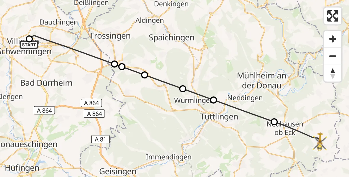 Flugroute Ambulanzhubschrauber DRF Air Rescue Station Villingen-Schwenningen Hubschrauberlandeplatz (Christoph 11) - Neuhausen ob Eck, 15 Juli 2026, 05:24