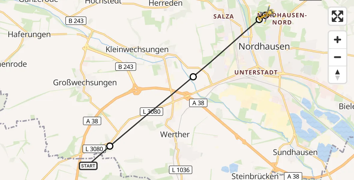 Flugroute Rettungshubschrauber Bleicherode - Südharz Hospital Nordhausen, 15 Juli 2026, 05:36