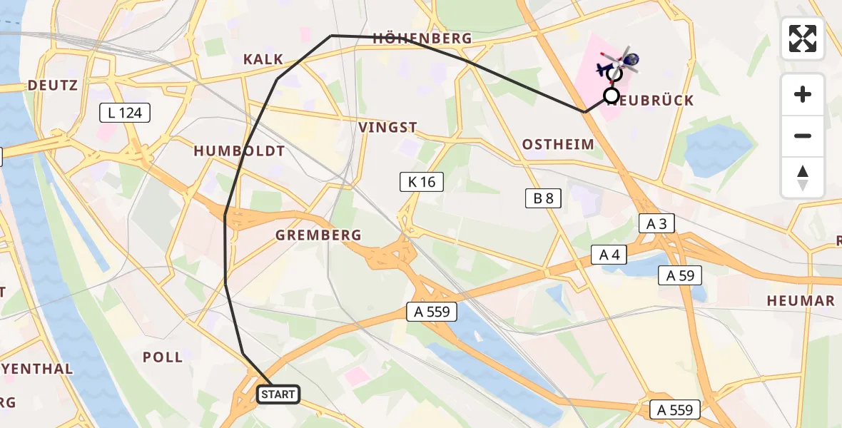 Flugroute Polizeihubschrauber Köln - Merheim Hospital, 15 Juli 2026, 05:40