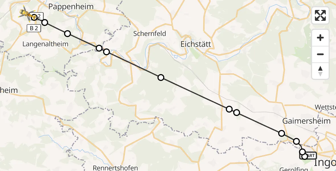 Flugroute Rettungshubschrauber Ingolstadt Hospital - Treuchtlingen, 15 Juli 2026, 05:53