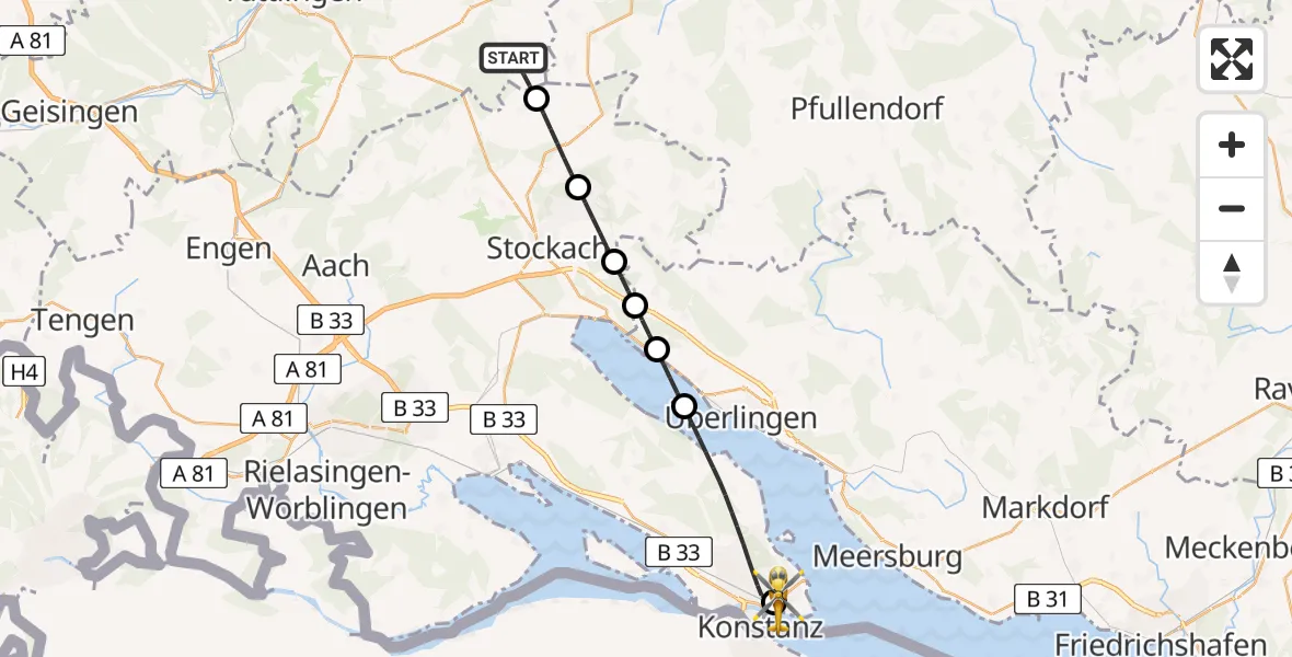 Flugroute Ambulanzhubschrauber Neuhausen ob Eck - Konstanz Hospital, 15 Juli 2026, 06:01