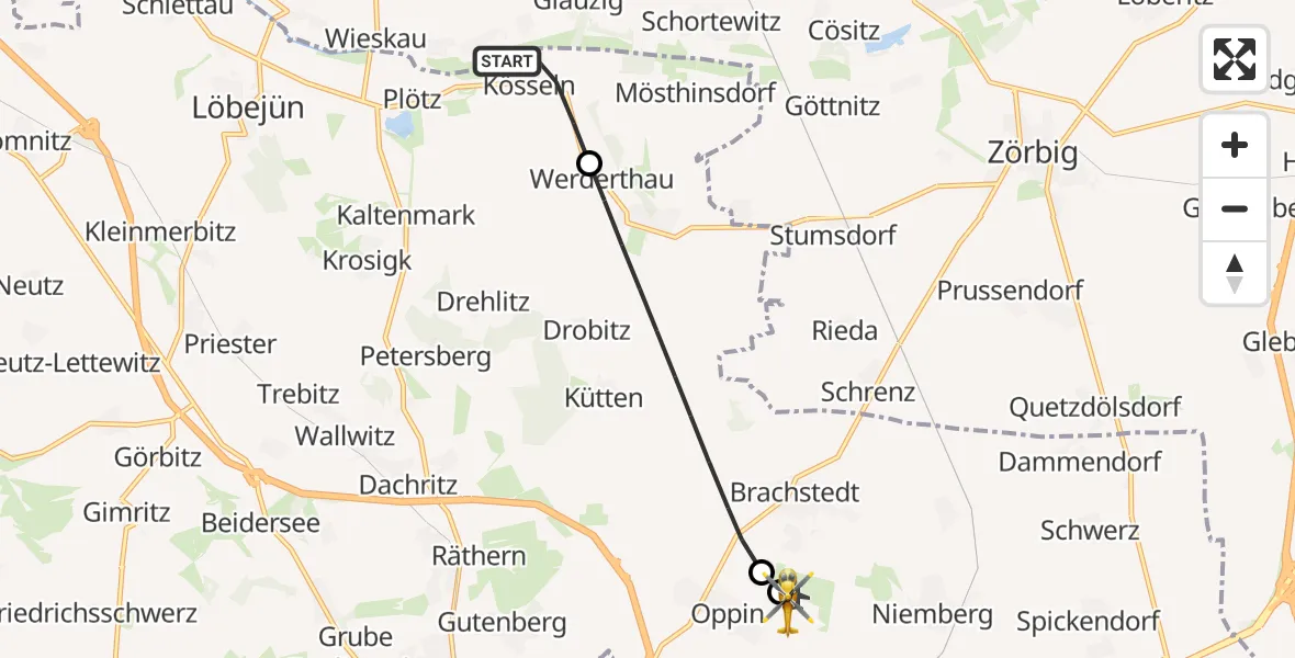 Flugroute Rettungshubschrauber Wettin-Löbejün - Halle-Oppin Flugplatz, 15 Juli 2026, 06:06