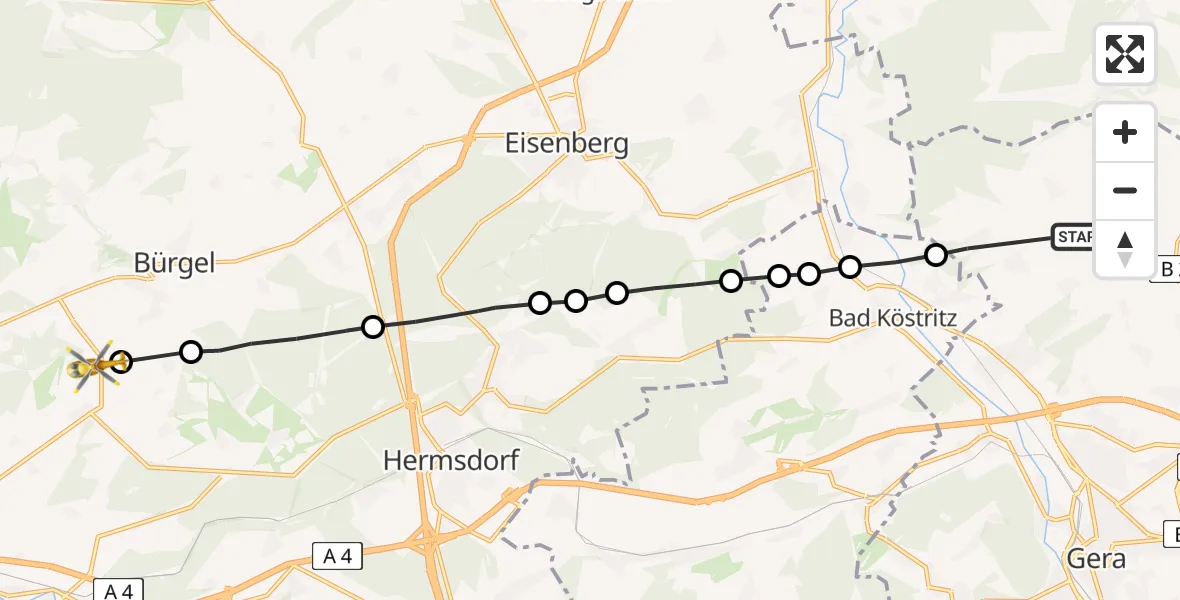 Flugroute Rettungshubschrauber Gera - Schöngleina, 15 Juli 2026, 06:06