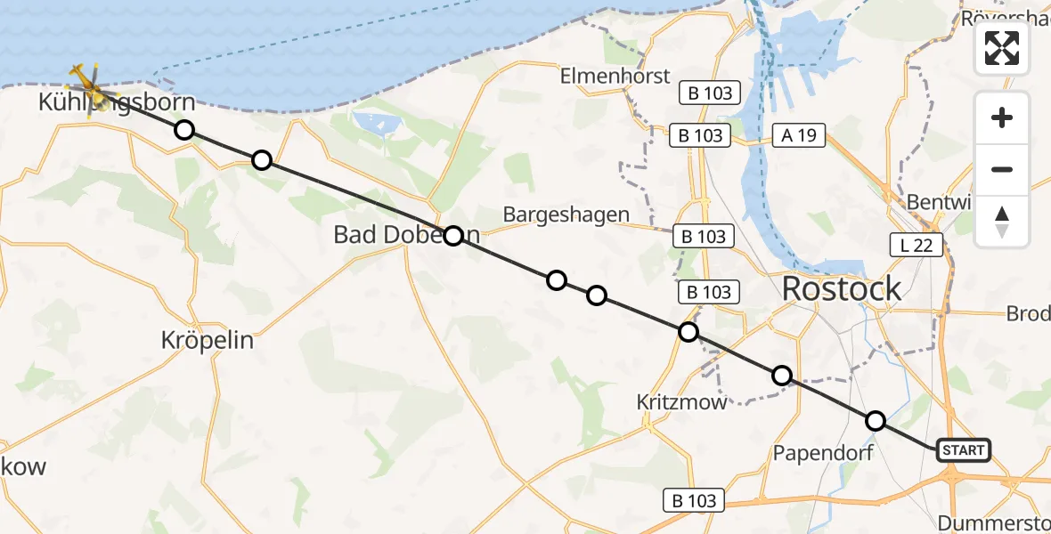 Flugroute Ambulanzhubschrauber Dummerstorf - Kühlungsborn, 15 Juli 2026, 06:32