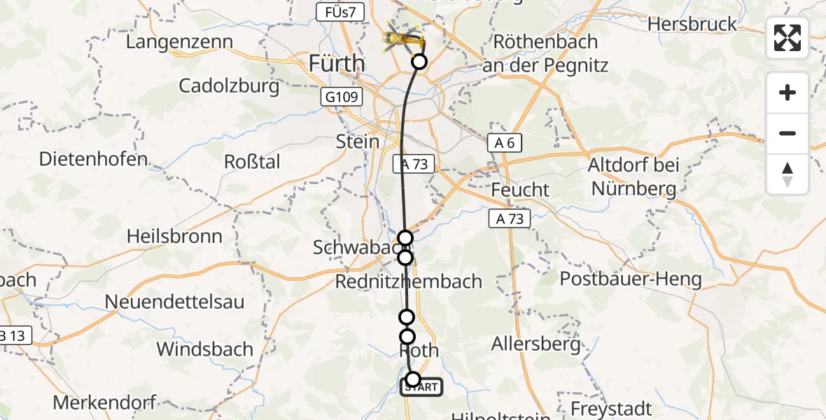 Flugroute Ambulanzhubschrauber Flugplatz Roth - Flughafen Nuremberg, 15 Juli 2026, 06:39