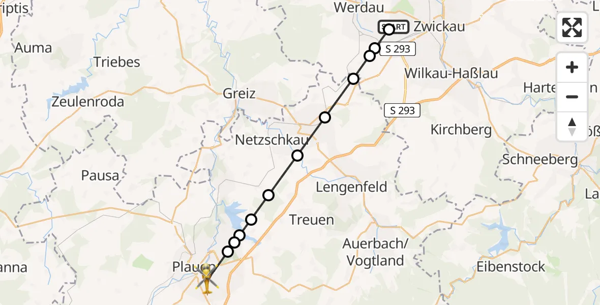 Flugroute Rettungshubschrauber ADAC Air Rescue Station Zwickau Hubschrauberlandeplatz - Plauen, 15 Juli 2026, 06:42