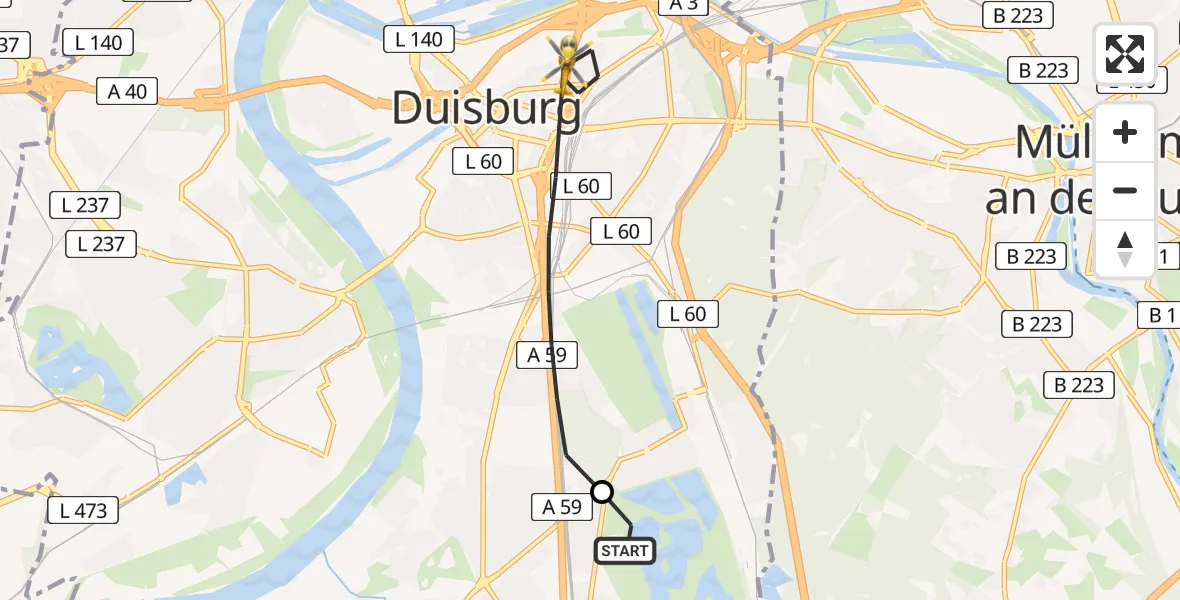 Flugroute Rettungshubschrauber Duisburg Air Rescue Hubschrauberlandeplatz (Christoph 9) - Duisburg, 15 Juli 2026, 06:49