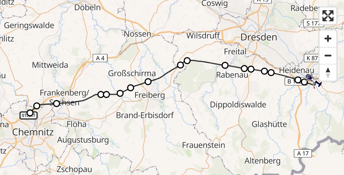 Flugroute Polizeihubschrauber Chemnitz-Glösa Industrial Park Hubschrauberlandeplatz - Pirna, 15 Juli 2026, 06:51