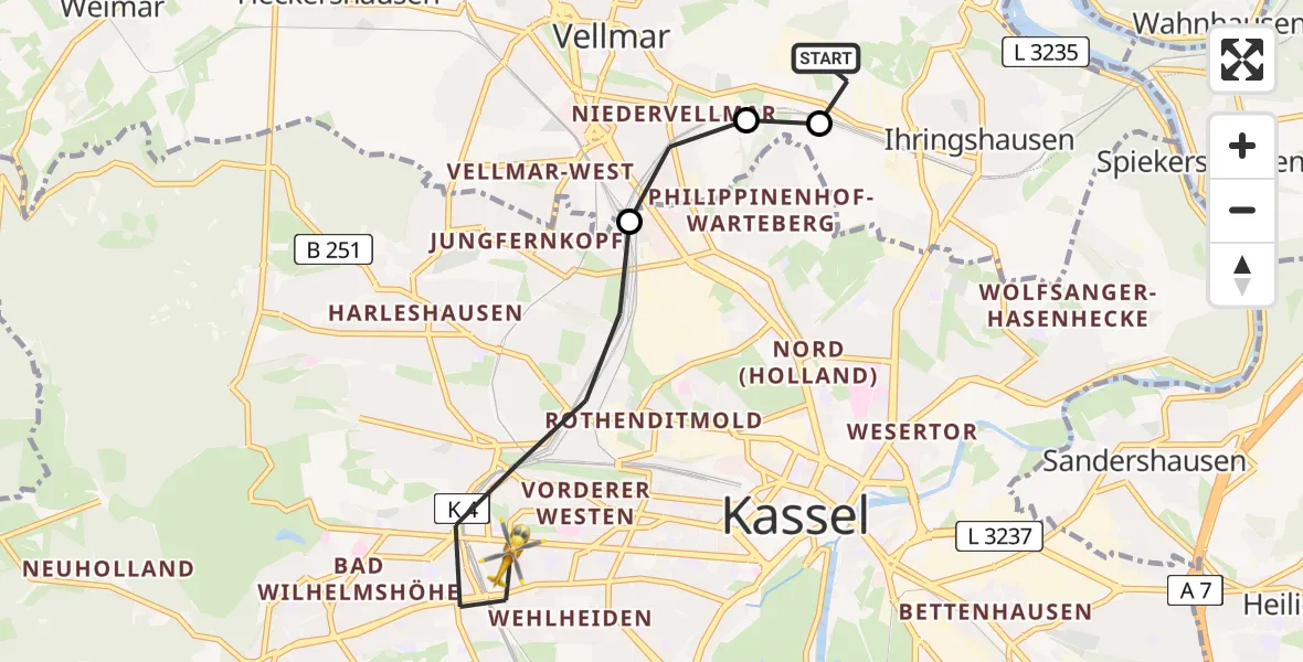 Flugroute Rettungshubschrauber Fuldatal Bundespolizei Hubschrauberlandeplatz - Kassel, 15 Juli 2026, 06:59