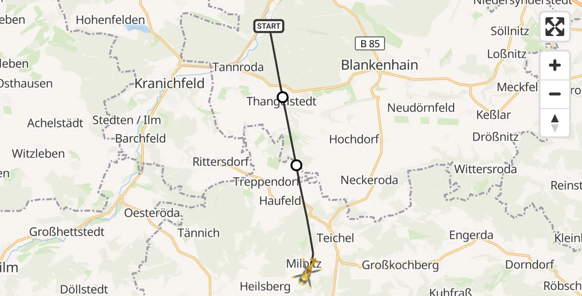 Flugroute Ambulanzhubschrauber Bad Berka - Rudolstadt, 15 Juli 2026, 07:00