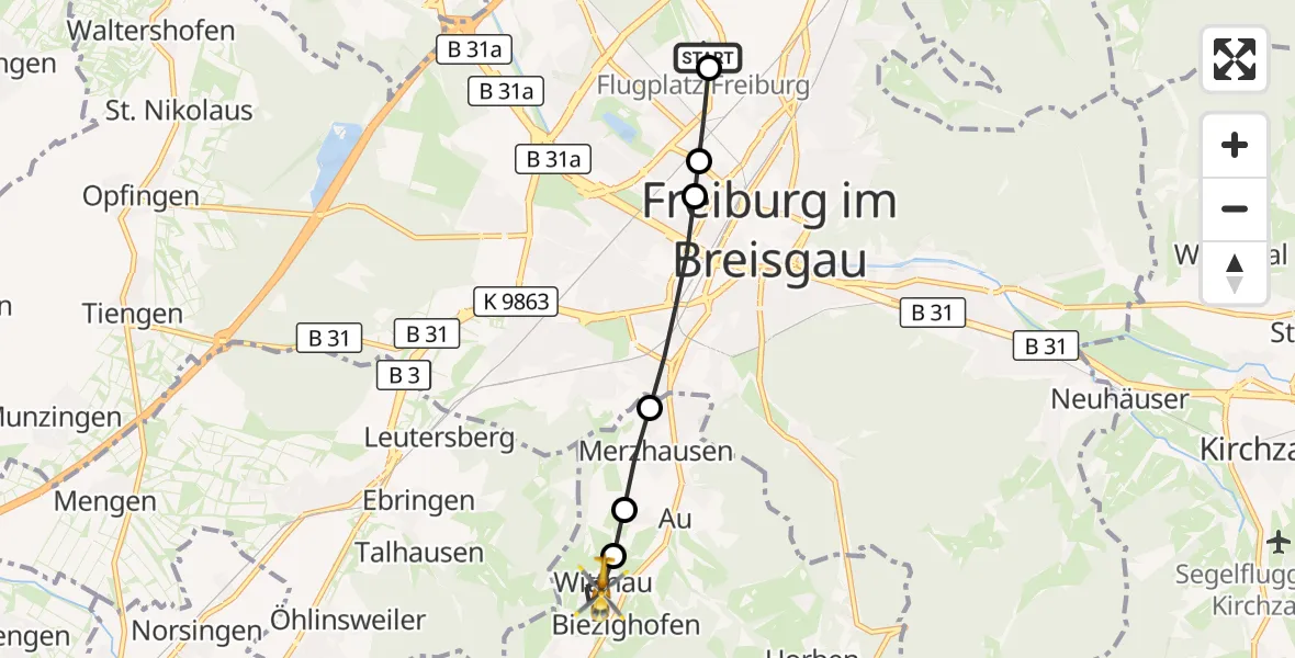 Flugroute Ambulanzhubschrauber Freiburg im Breisgau Flugplatz - Wittnau, 15 Juli 2026, 07:05