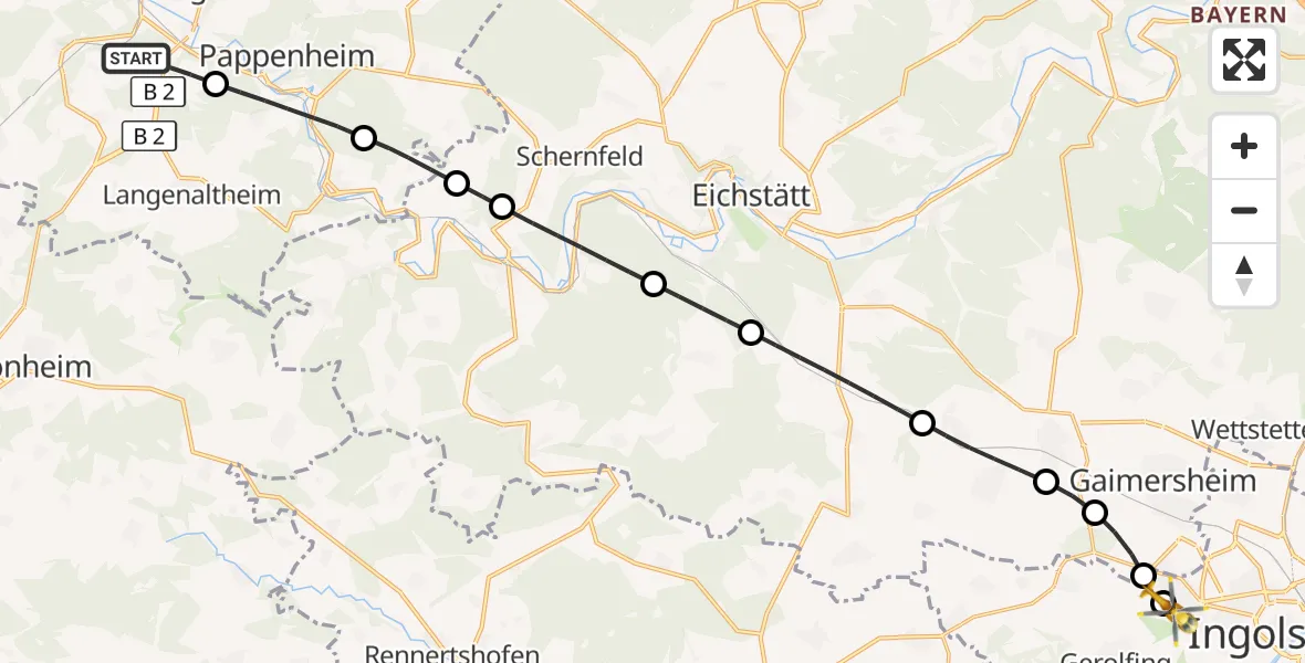 Flugroute Rettungshubschrauber Treuchtlingen - Ingolstadt Hospital, 15 Juli 2026, 07:12