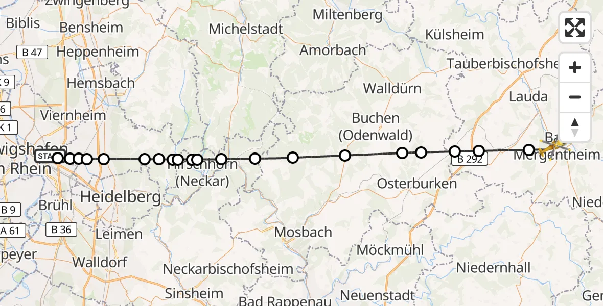 Flugroute Rettungshubschrauber Mannheim-City Flughafen - Bad Mergentheim, 15 Juli 2026, 07:13