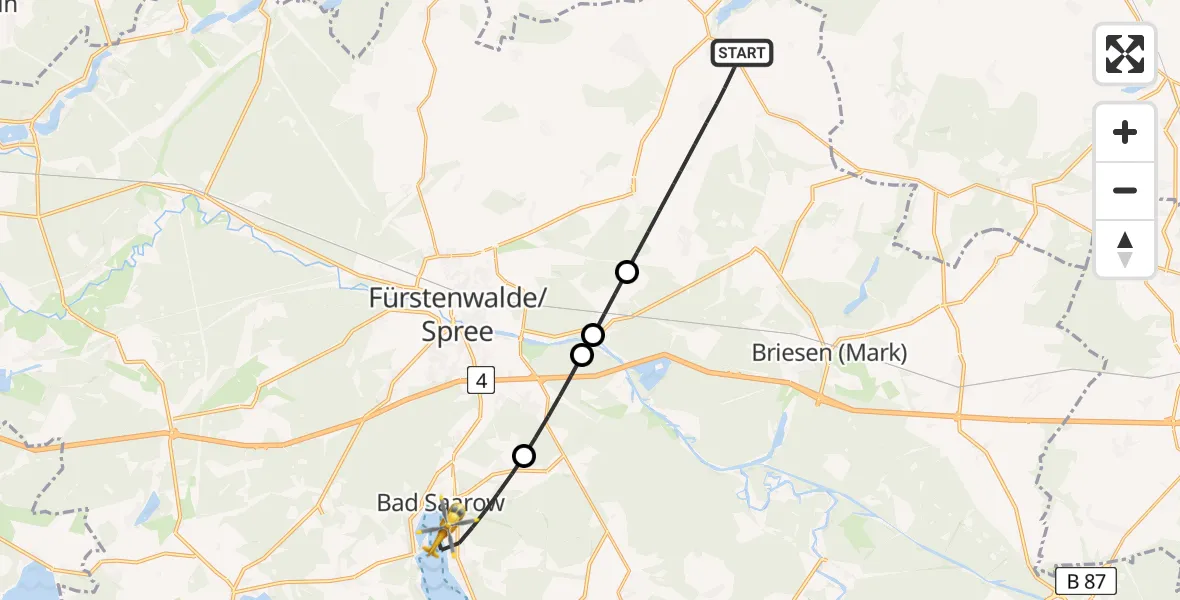Flugroute Rettungshubschrauber Steinhöfel - Bad Saarow Hospital Hubschrauberlandeplatz, 15 Juli 2026, 07:14
