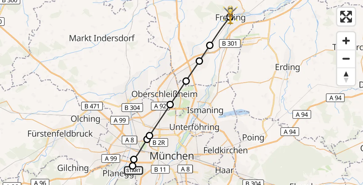 Flugroute Rettungshubschrauber DRF Air Rescue München Hubschrauberlandeplatz - Freising Clinic Hubschrauberlandeplatz, 15 Juli 2026, 07:23