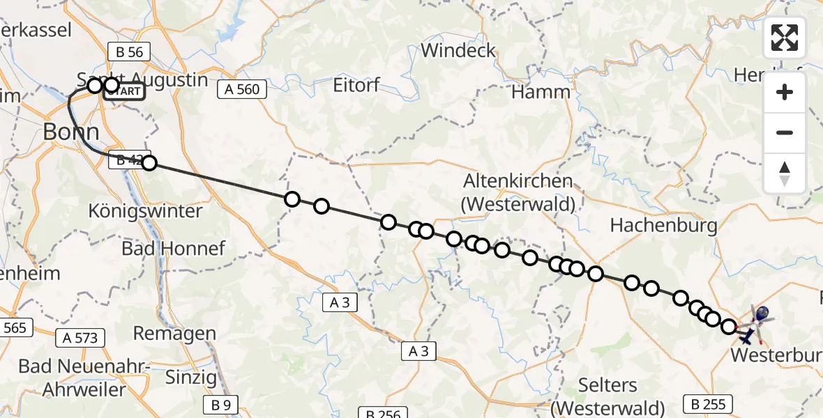 Flugroute Polizeihubschrauber Bonn-Hangelar Flugplatz - Langenhahn, 15 Juli 2026, 07:23