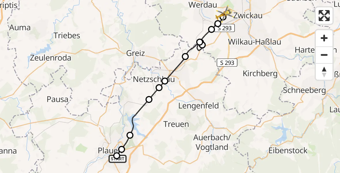 Flugroute Rettungshubschrauber Plauen - ADAC Air Rescue Station Zwickau Hubschrauberlandeplatz, 15 Juli 2026, 07:25