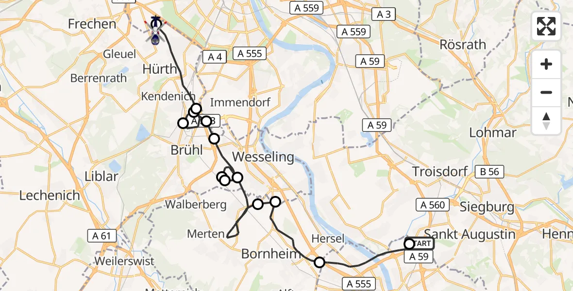 Flugroute Polizeihubschrauber Sankt Augustin - Hürth, 15 Juli 2026, 07:37