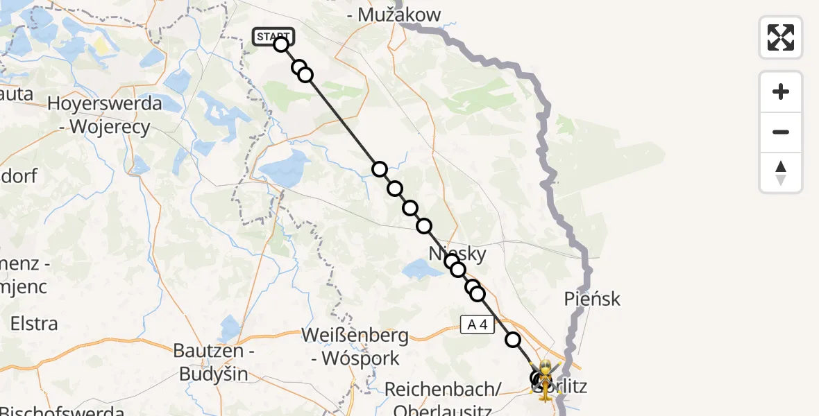 Flugroute Rettungshubschrauber Schleife - Görlitz Hospital, 15 Juli 2026, 07:38