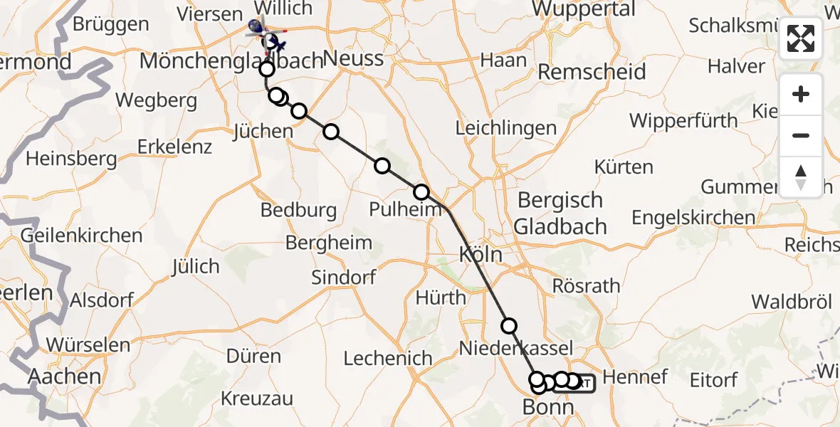 Flugroute Polizeihubschrauber Sankt Augustin - Mönchengladbach Flughafen, 15 Juli 2026, 07:38