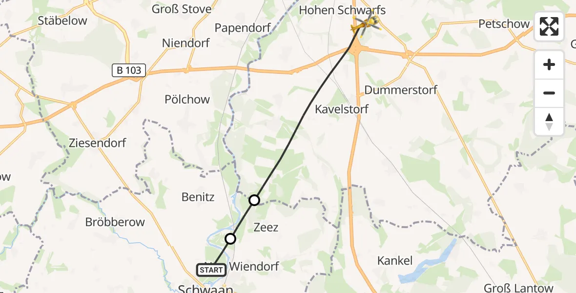 Flugroute Ambulanzhubschrauber Schwaan - Dummerstorf, 15 Juli 2026, 07:38