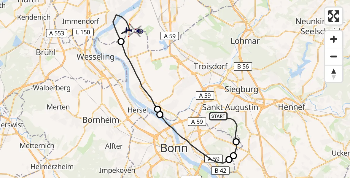 Flugroute Polizeihubschrauber Sankt Augustin - Köln, 15 Juli 2026, 07:40