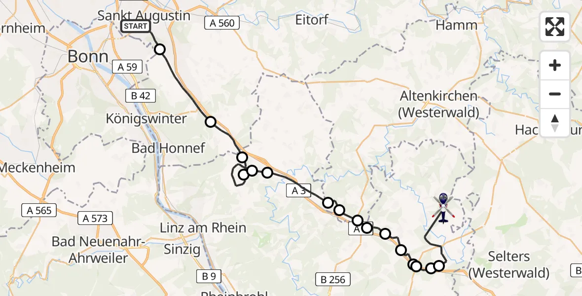 Flugroute Polizeihubschrauber Sankt Augustin - Hanroth, 15 Juli 2026, 07:43