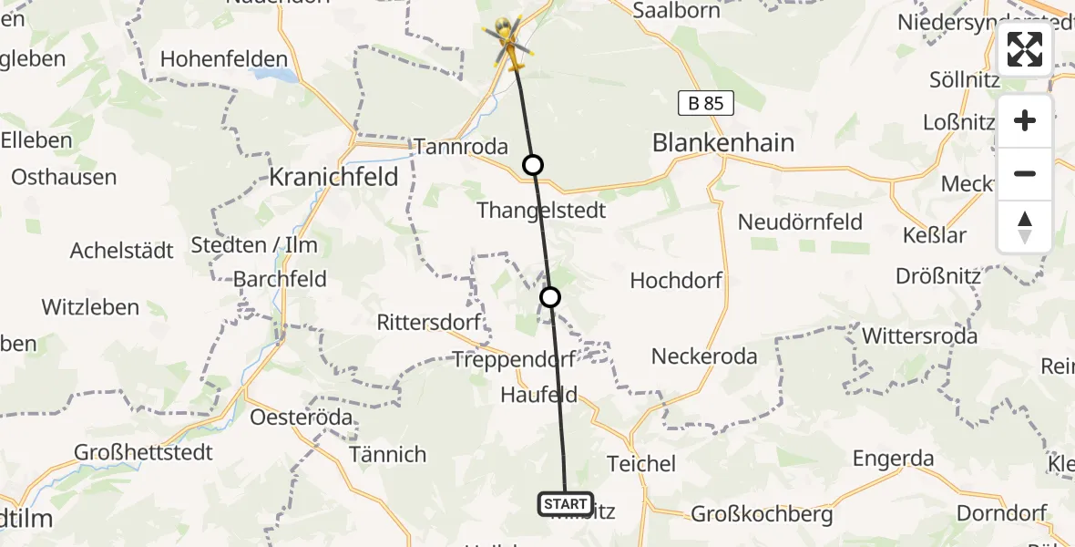 Flugroute Ambulanzhubschrauber Rudolstadt - Bad Berka, 15 Juli 2026, 07:50