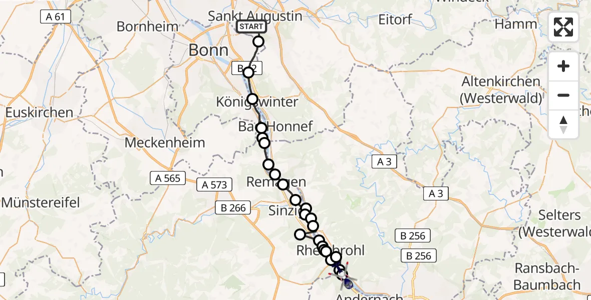 Flugroute Polizeihubschrauber Sankt Augustin - Andernach, 15 Juli 2026, 07:52