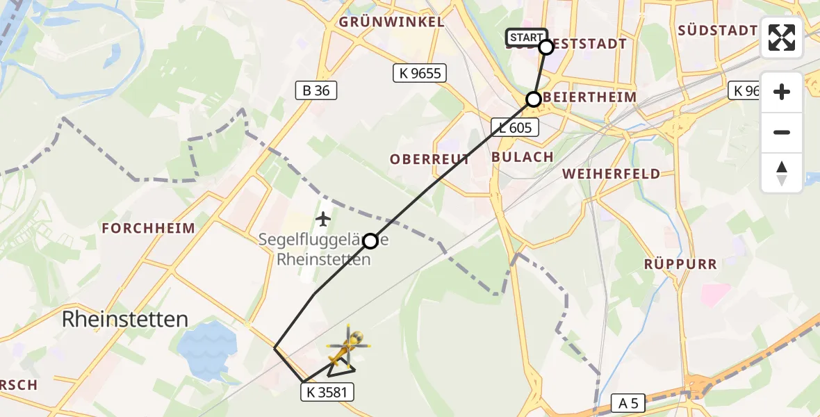 Flugroute Ambulanzhubschrauber Sankt Vincentius Hospital - Rheinstetten, 15 Juli 2026, 07:53