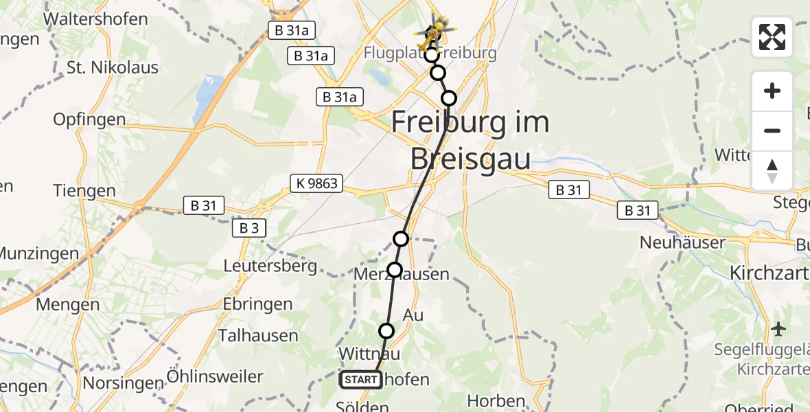 Flugroute Ambulanzhubschrauber Wittnau - Freiburg im Breisgau Flugplatz, 15 Juli 2026, 07:58