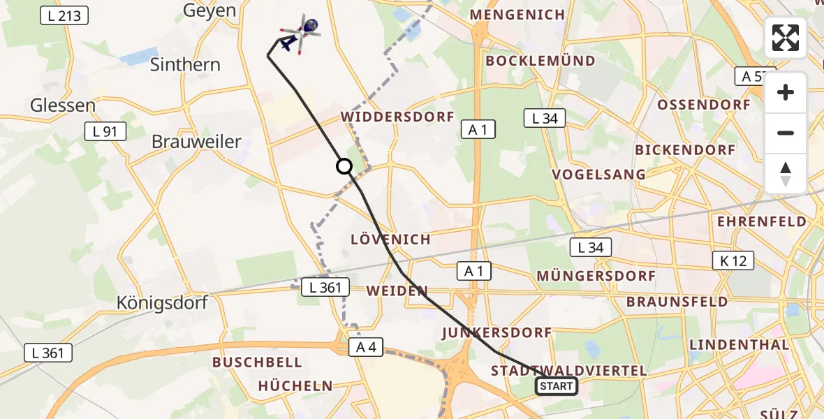 Flugroute Polizeihubschrauber Köln - Pulheim, 15 Juli 2026, 07:59