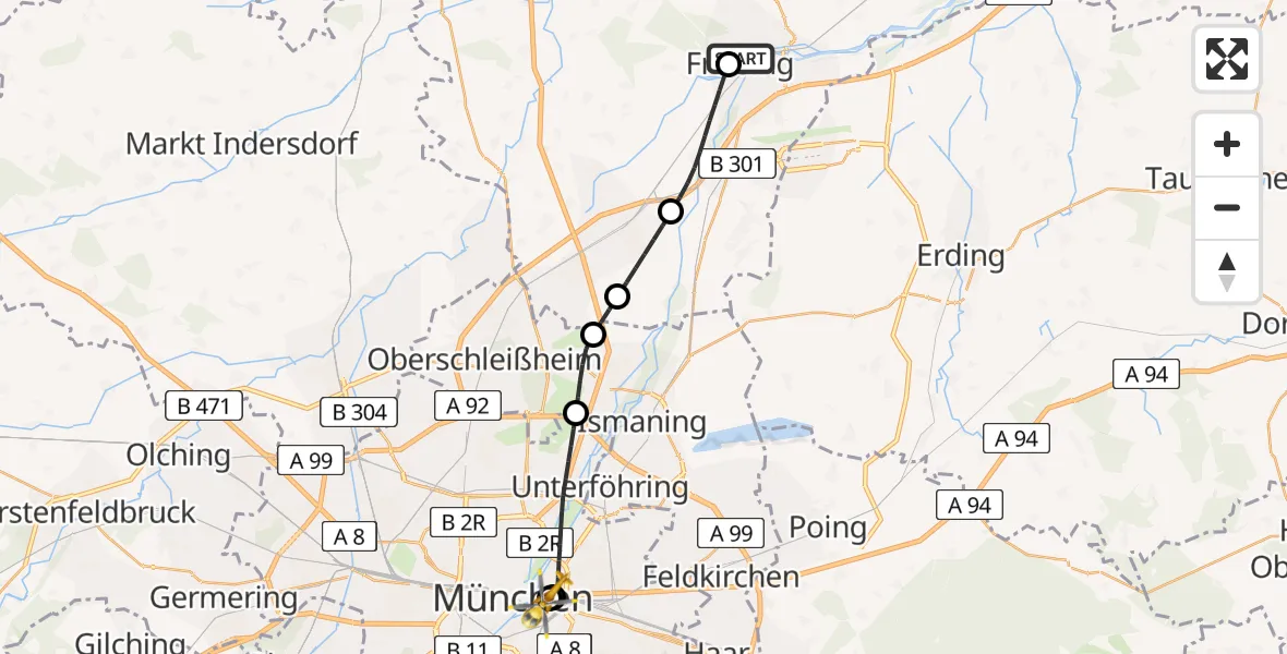 Flugroute Rettungshubschrauber Freising Clinic Hubschrauberlandeplatz - Rechts der Isar University Hospital, 15 Juli 2026, 08:02