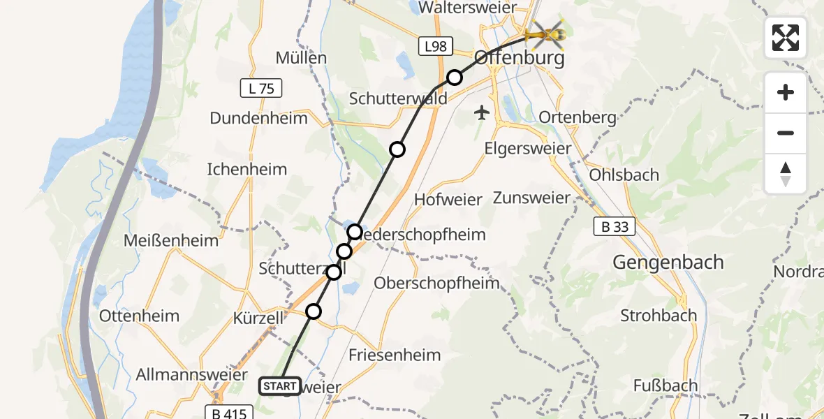 Flugroute Rettungshubschrauber Lahr Flughafen - Offenburg, 15 Juli 2026, 08:03