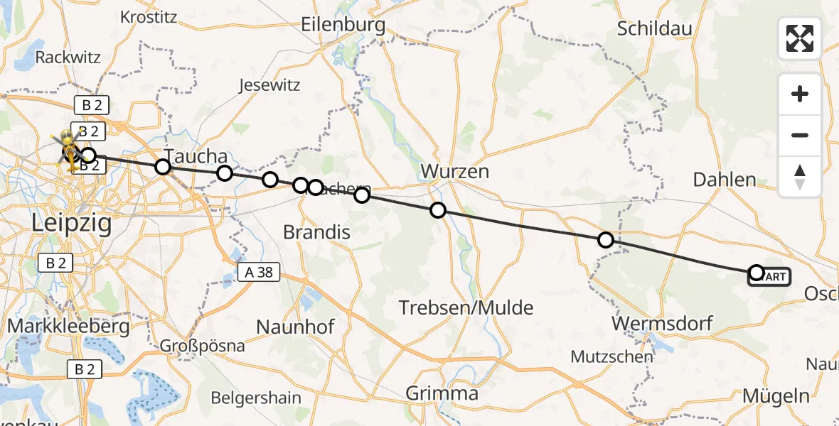 Flugroute Rettungshubschrauber Oschatz - Sankt Georg Hospital Leipzig Reserve, 15 Juli 2026, 08:06