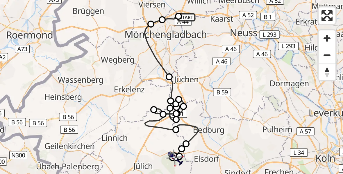 Flugroute Polizeihubschrauber Mönchengladbach Flughafen - Niederzier, 15 Juli 2026, 08:08