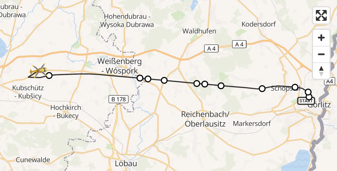 Flugroute Rettungshubschrauber Görlitz Hospital - Bautzen Flugplatz, 15 Juli 2026, 08:10