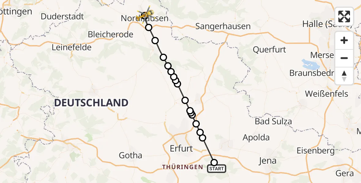 Flugroute Ambulanzhubschrauber Bad Berka - Südharz Hospital Nordhausen, 15 Juli 2026, 08:15