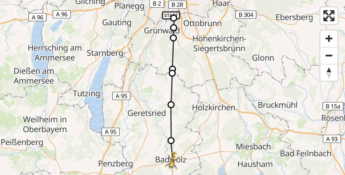 Flugroute Rettungshubschrauber ADAC Air Rescue Center Hubschrauberlandeplatz (Christoph 1) - Bad Tölz, 15 Juli 2026, 08:22