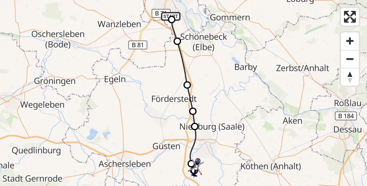 Flugroute Polizeihubschrauber Magdeburg City Flugplatz - Bernburg (Saale), 15 Juli 2026, 08:24