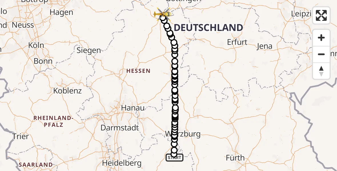Flugroute Rettungshubschrauber Bad Mergentheim - Kassel, 15 Juli 2026, 08:30