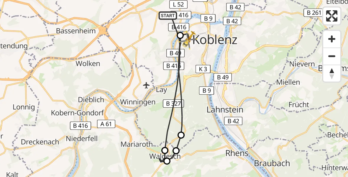 Flugroute Rettungshubschrauber Koblenz - Kemperhof Koblenz Klinikum Hubschrauberlandeplatz, 15 Juli 2026, 08:32