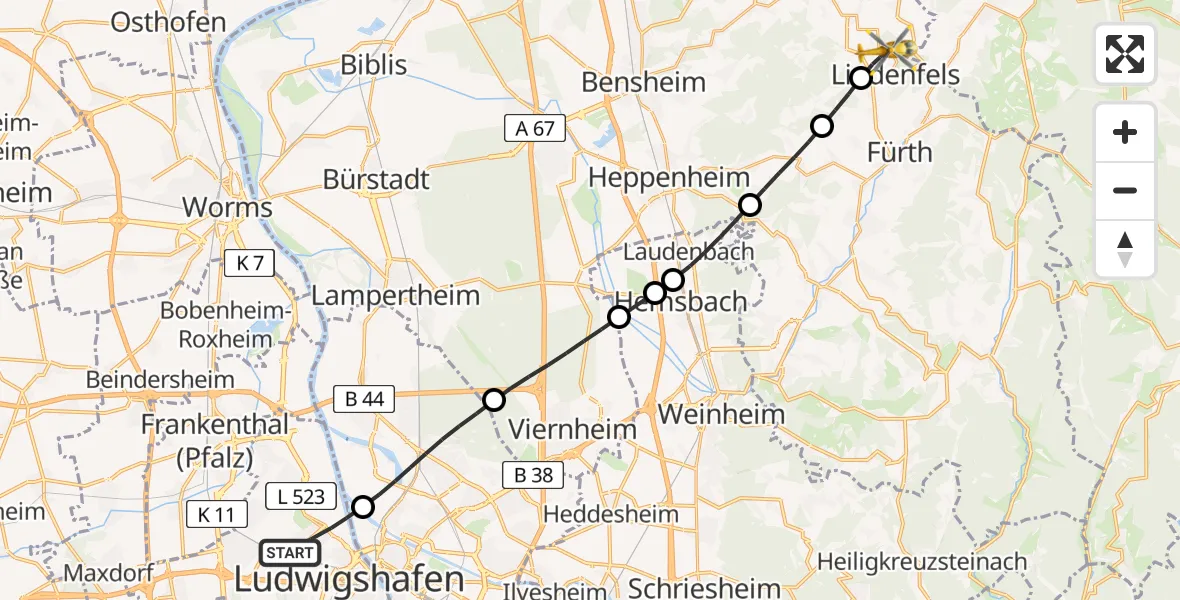 Flugroute Rettungshubschrauber Ludwigshafen am Rhein - Lindenfels, 15 Juli 2026, 08:35