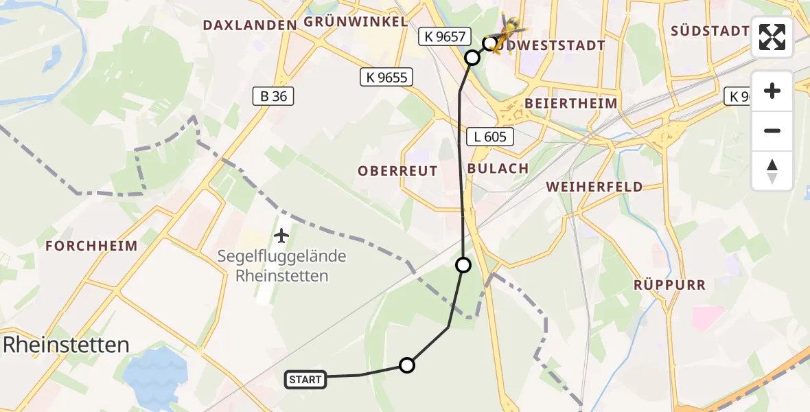Flugroute Ambulanzhubschrauber Rheinstetten - Sankt Vincentius Hospital, 15 Juli 2026, 08:39