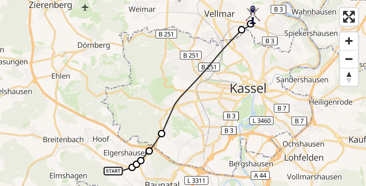 Flugroute Polizeihubschrauber Baunatal - Fuldatal Bundespolizei Hubschrauberlandeplatz, 15 Juli 2026, 08:39