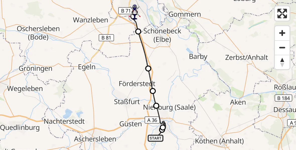 Flugroute Polizeihubschrauber Bernburg (Saale) - Magdeburg City Flugplatz, 15 Juli 2026, 08:40